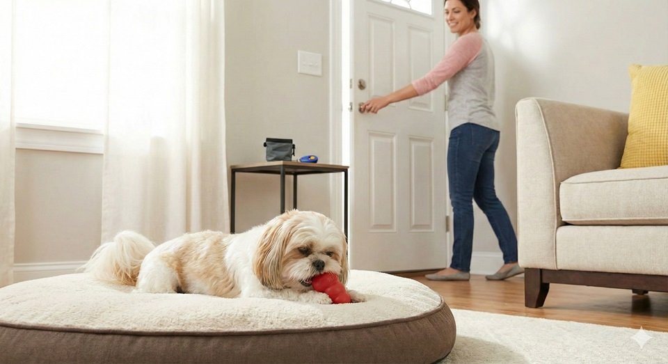 Cachorro da raça Shih Tzu sentado no chão olhando fixamente para uma porta fechada com expressão triste, ilustrando o sintoma de espera angustiante na ansiedade de separação.