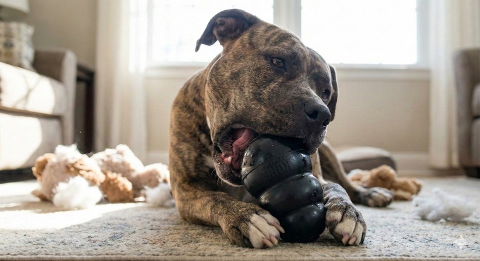 Cão forte da raça Pitbull tigrado roendo vigorosamente um brinquedo indestrutível Kong Extreme de borracha preta. Ao fundo, há espuma de brinquedos destruídos, destacando a resistência do Kong.