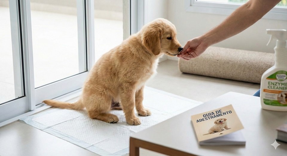 Filhote de golden retriever sentado corretamente sobre um tapete higiênico recebendo um petisco do tutor como reforço positivo. Em cima da mesa ao lado, há um livro "Guia de Adestramento" e um frasco de limpador enzimático, ilustrando o processo completo de educação sanitária.