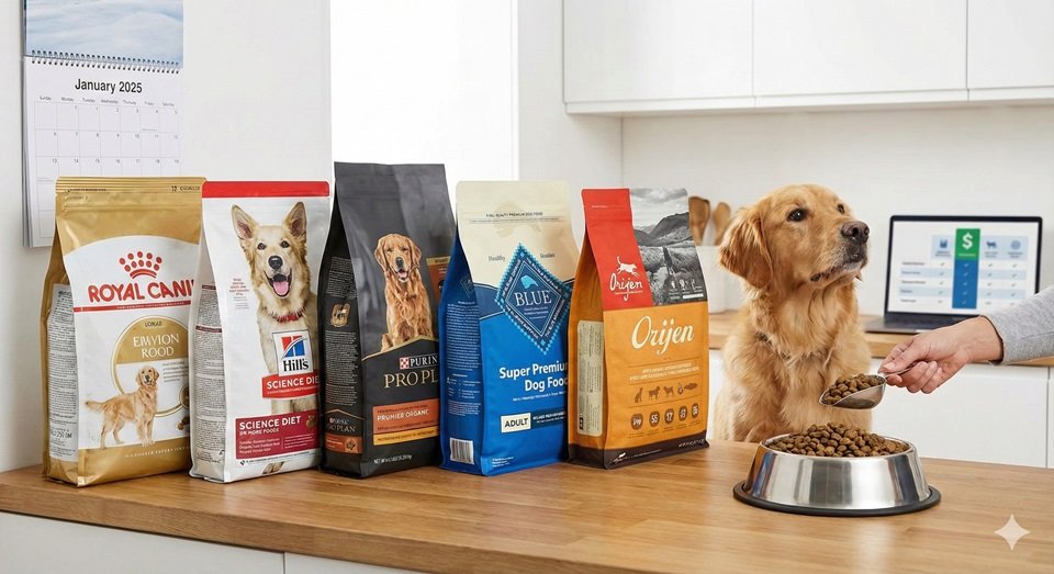 Cozinha com cinco sacos de ração Super Premium para cães alinhados (Royal Canin, Hill's Science Diet, Purina Pro Plan, Blue Buffalo, Orijen). Um Golden Retriever aguarda enquanto uma pessoa serve a ração no pote. Ao fundo, calendário de Janeiro de 2025 e laptop com gráfico de preços.