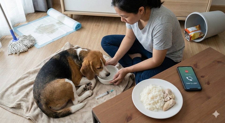 Tutora preocupada cuidando de um cachorro Beagle apático com sintomas de diarreia no chão. Ela oferece água, enquanto na mesa há um prato de arroz com frango (dieta leve) e um celular fazendo uma chamada de emergência para "VET CLINIC". Ao fundo, nota-se um tapete higiênico sujo e uma lixeira revirada.