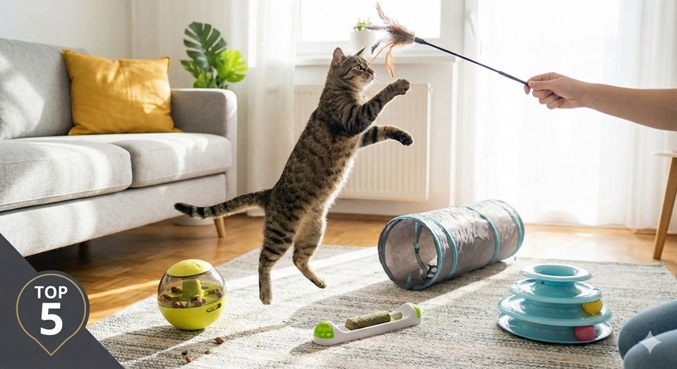 Gato tigrado saltando no ar para brincar com uma varinha de penas interativa segurada por uma pessoa. No chão, estão outros brinquedos para gatos: um túnel, um comedouro quebra-cabeça, um circuito de bolinhas e um brinquedo com catnip. Selo "TOP 5" no canto inferior.