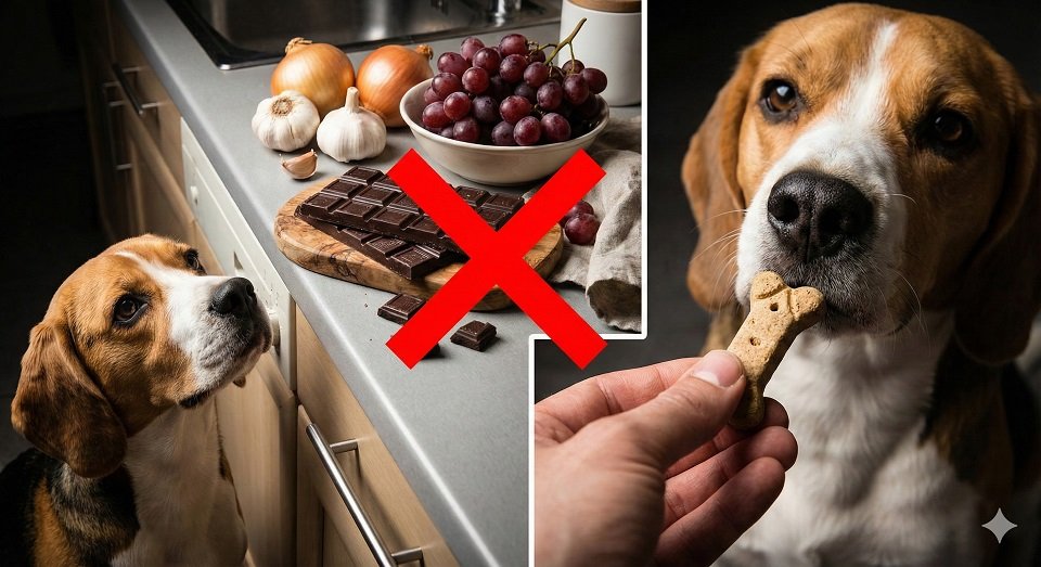 Cachorro olhando para uma bancada de cozinha com vários alimentos tóxicos para pets: chocolate, uvas, cebola e alho, todos marcados com um símbolo vermelho de proibido.