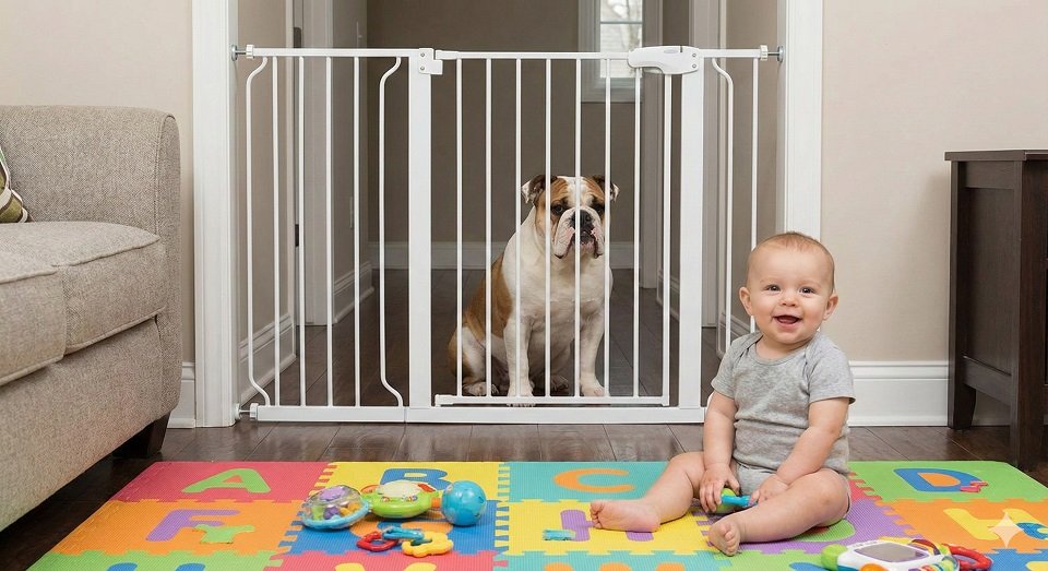 Um cachorro e recém-nascido no tapete da sala separados por um portãozinho de segurança (baby gate).