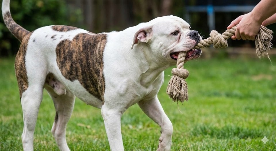 Bulldog Americano puxando um brinquedo de corda com força, mostrando sua energia física.