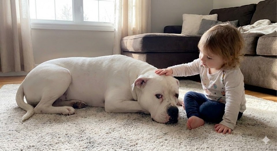 Um Bulldog Americano grande deitado tranquilamente ao lado de uma criança, mostrando seu lado protetor e dócil.