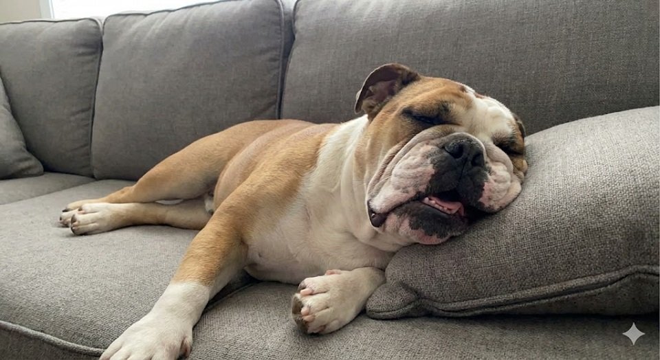 Bulldog Inglês dormindo profundamente em um sofá, com a boca ligeiramente aberta, sugerindo ronco.
