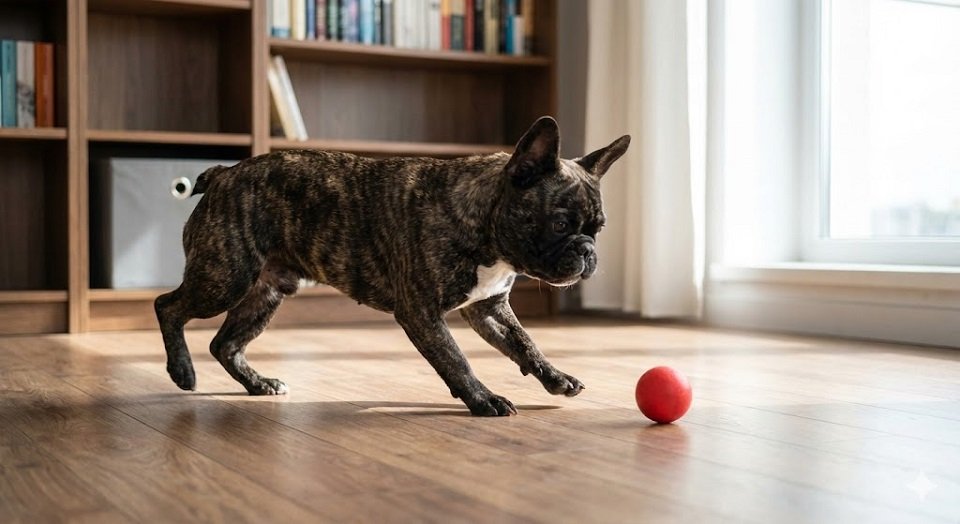 Bulldog Francês tigrado brincando com uma bolinha dentro de um apartamento, mostrando que não precisa de quintal grande.