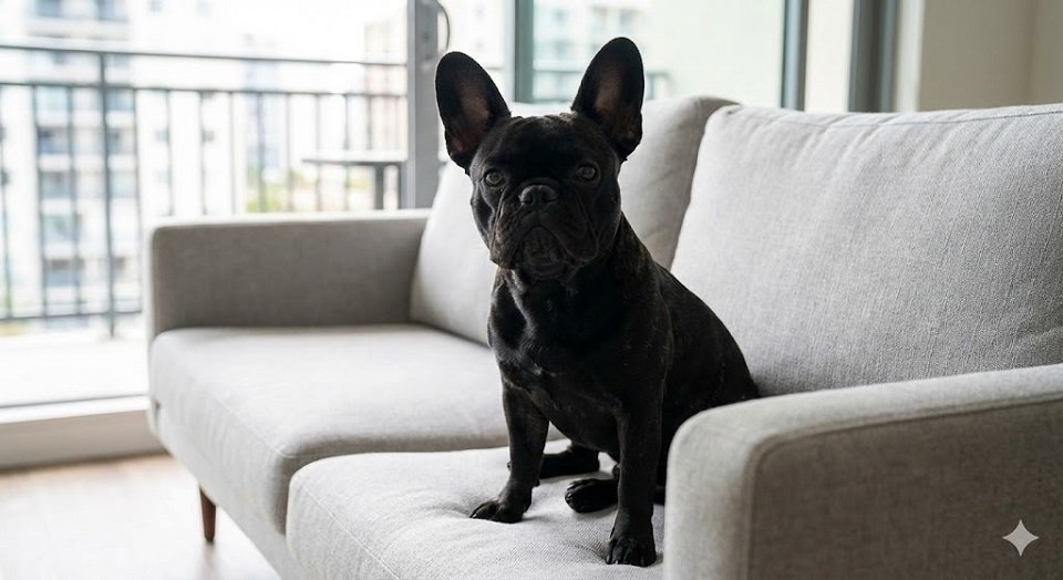 Bulldog Francês preto sentado confortavelmente em um sofá moderno, olhando para a câmera com suas grandes orelhas eretas.