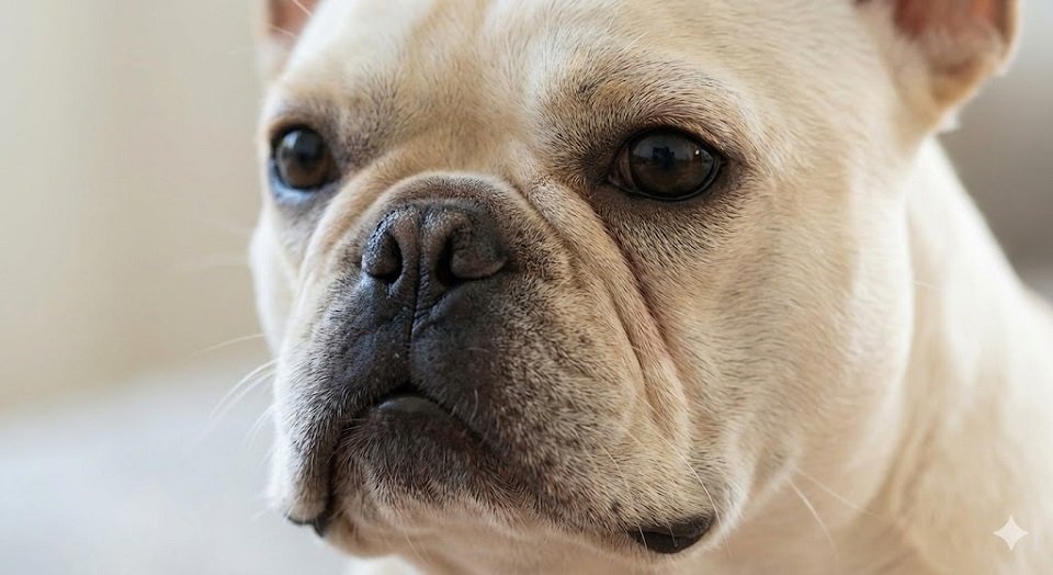 Close no rosto de um Bulldog Francês creme, destacando o focinho achatado e as narinas estreitas.