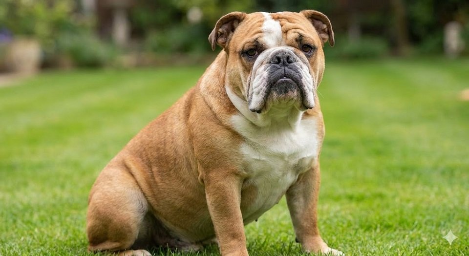 Bulldog Inglês adulto, robusto, sentado na grama olhando para a câmera com expressão séria e dobras faciais evidentes.