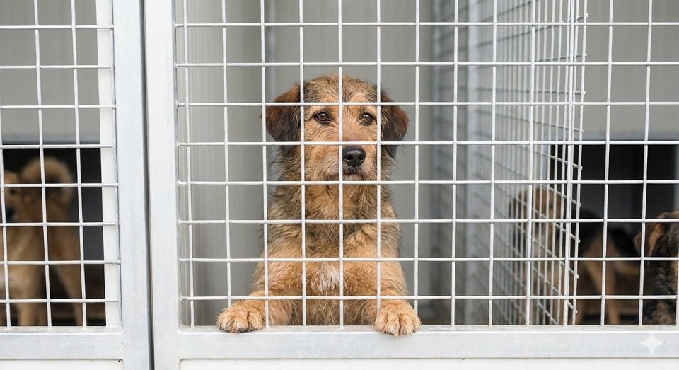 Cão vira-lata em um abrigo olhando através da grade com esperança de ser adotado.