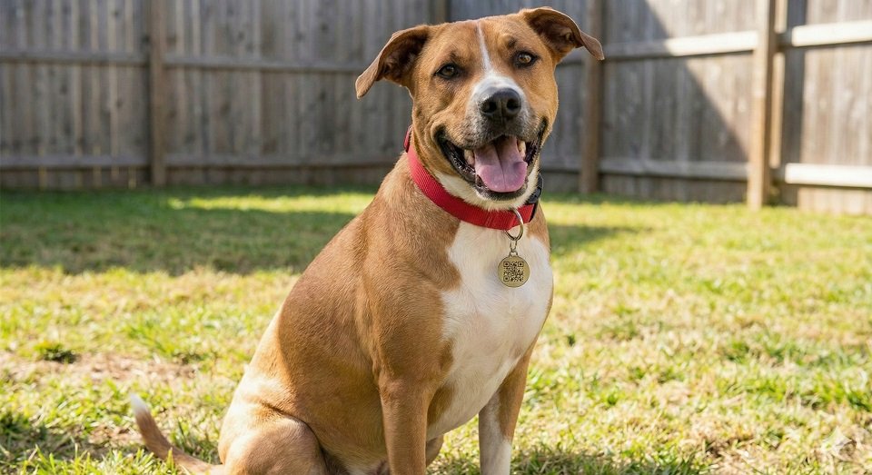 Cão vira-lata adotado com expressão feliz e segura, usando coleira com placa de identificação, simbolizando o sucesso da adaptação.