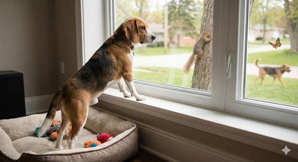 Cachorro da raça Beagle em pé no parapeito da janela de uma casa confortável, olhando fixamente para um esquilo e outro cão na rua, ilustrando os instintos primários que motivam a fuga.