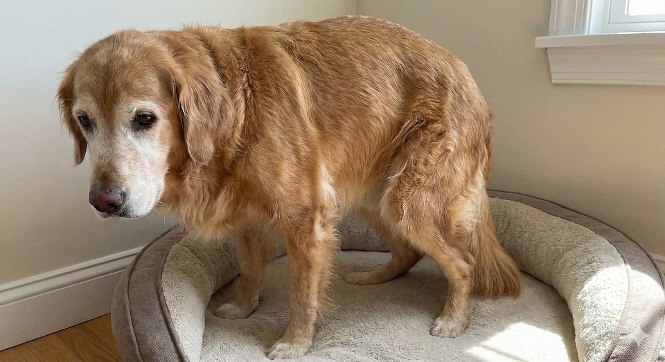 Cão idoso tentando se levantar da cama com dificuldade nas patas traseiras Sinais de Dor em Pets.