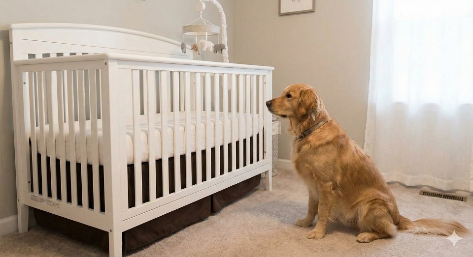 Um cachorro sentado calmamente no chão do quarto do bebê, olhando com curiosidade e respeito para o berço, sem pular.