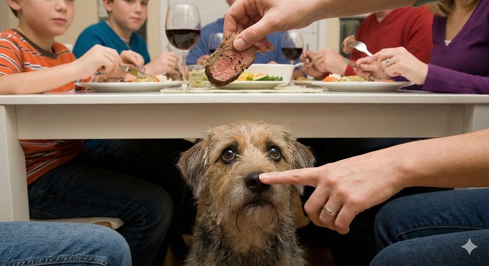Cão fazendo cara de pidão embaixo da mesa de jantar enquanto a família come, representando o risco de dar alimentos proibidos para cachorro.
