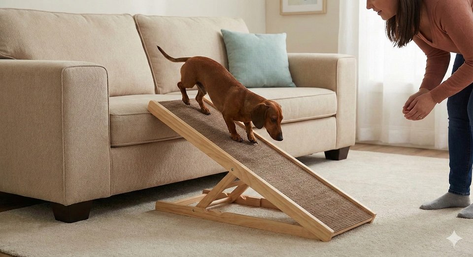 Cão pequeno ao lado de uma rampa ou escada para evitar impacto nas articulações.