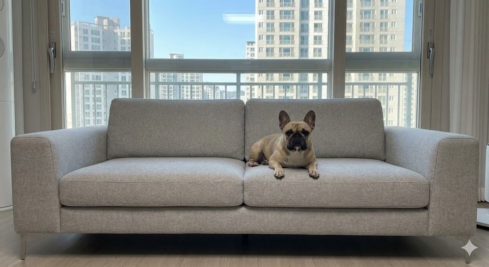 Um cachorro da raça Bulldog Francês deitado relaxado em um sofá moderno em uma sala de apartamento com vista para a cidade pela janela.