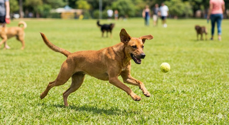 Cão SRD correndo atrás de uma bola em um parque, mostrando alta energia.