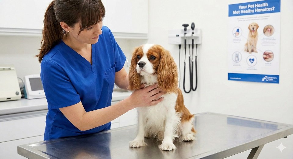 Veterinário examinando um cachorro de raça pequena saudável na mesa de consulta.
