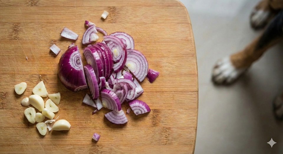 Tábua de corte com alimentos proibidos cebola e alho picados, ingredientes comuns mas tóxicos.