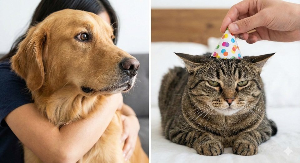 Montagem dividida mostrando um cachorro desconfortável recebendo um abraço apertado e um gato com expressão de tédio usando uma roupa fantasia, ilustrando comportamentos humanos que pets odeiam.