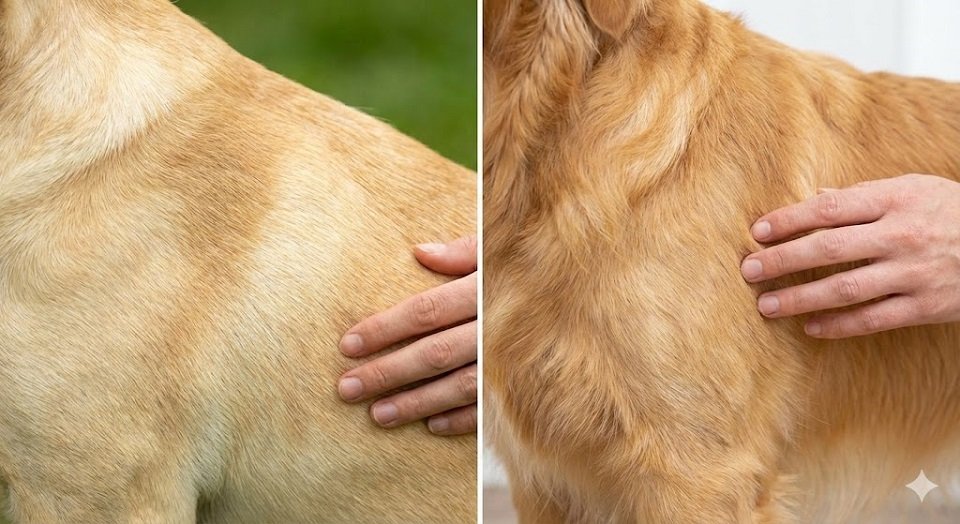 Imagem dividida mostrando em close a textura do pelo curto e denso de um Labrador versus o pelo longo e ondulado de um Golden.