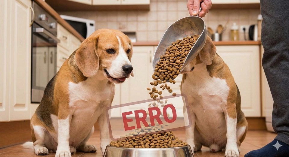 Dono cometendo o erro de colocar ração em excesso no pote para dois cachorros da raça Beagle, ilustrado com um carimbo vermelho de "ERRO" sobre a cena.