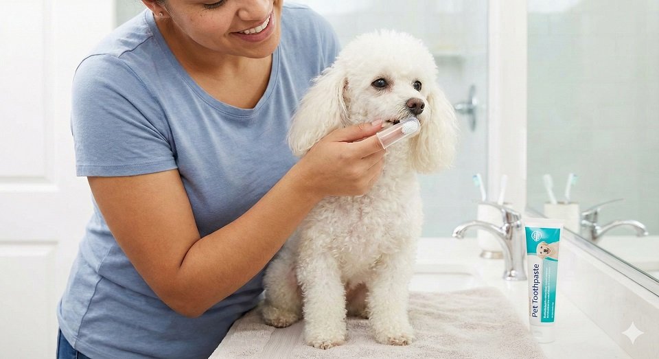 Tutor escovando os dentes de um cão pequeno para prevenir tártaro.