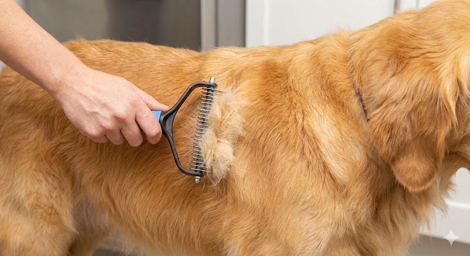 Pessoa escovando as costas de um Golden Retriever, saindo uma grande quantidade de pelo morto na escova.
