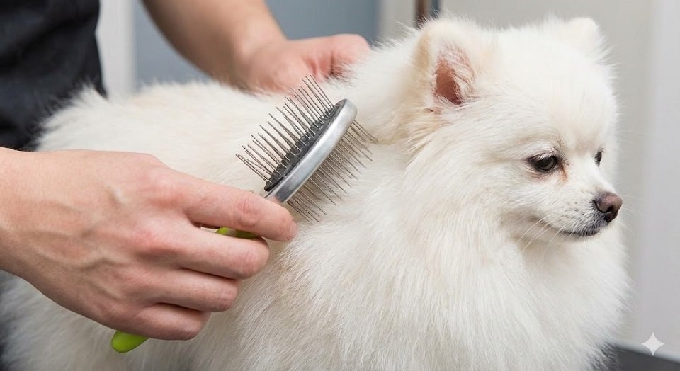 Mãos delicadas usando uma escova de pinos sem bolinhas para pentear a pelagem densa de um Spitz Alemão branco.