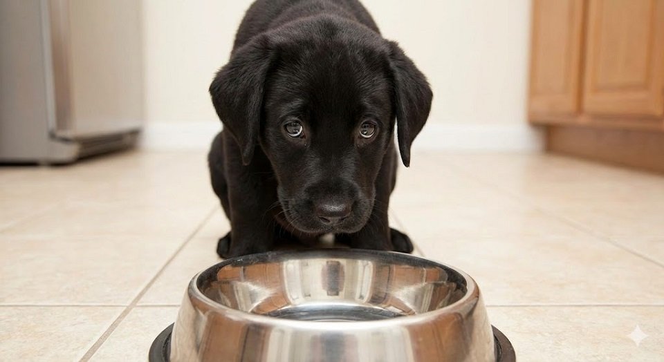 Filhote de Labrador preto olhando com olhos pidões para uma tigela de comida vazia.