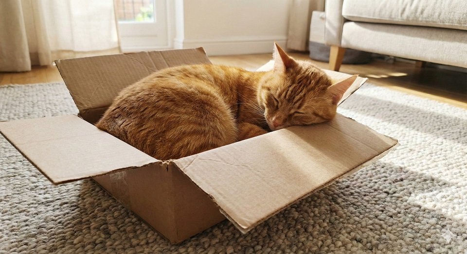 Gato laranja dormindo confortavelmente, ilustrando um dos motivos por que gatos amam caixas de papelão: a segurança e o isolamento térmico.