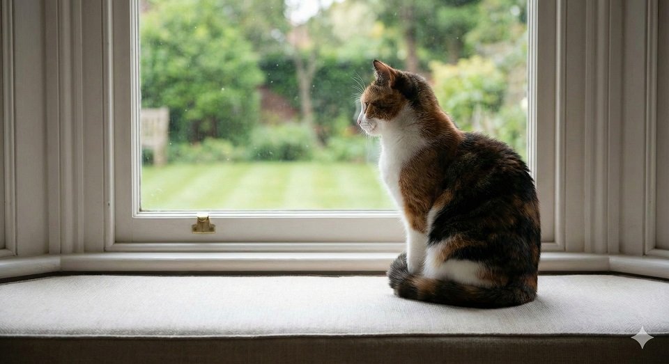 Gato deitado confortavelmente em uma toca ou rede perto da janela, observando a vista tranquilamente.