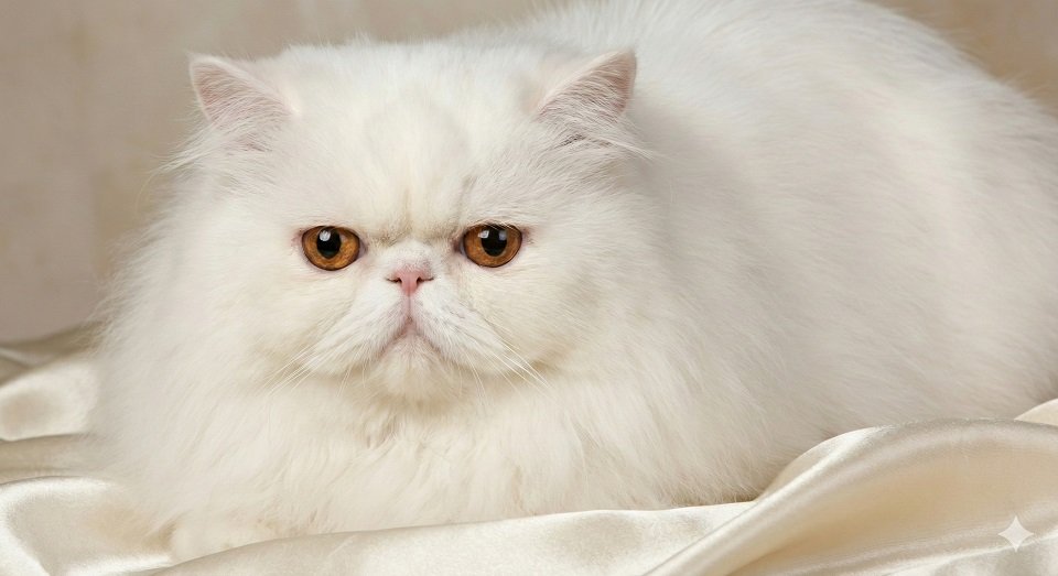 Um Gato Persa branco e extremamente peludo, com o rosto achatado e expressão de "rabugento" (grumpy), deitado em um tecido de seda.