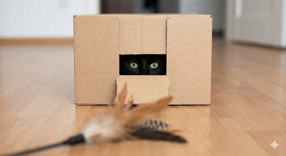 Gatos amam caixas de papelão para caçar: gato preto escondido preparando uma emboscada.