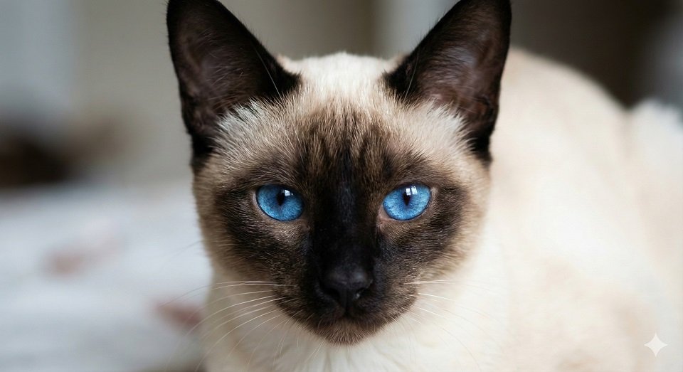 Close no rosto de um Gato Siamês com a máscara escura característica e olhos azuis safira intensos e penetrantes.