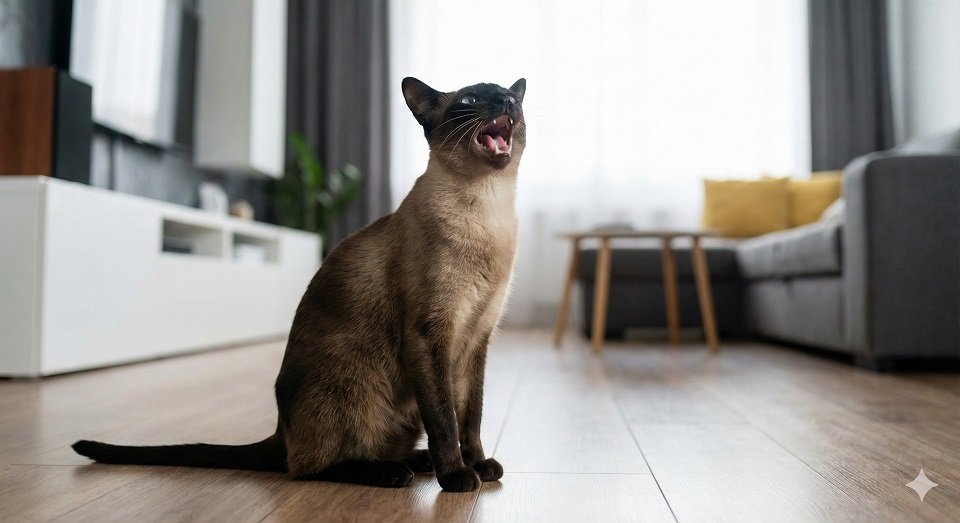 Gato Siamês sentado olhando para cima e miando com a boca bem aberta, exigindo atenção.