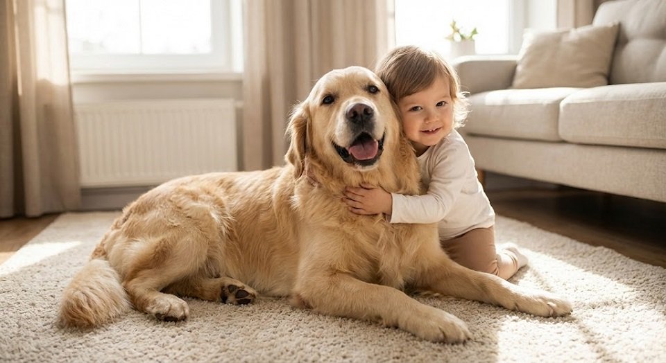 Cão Golden Retriever deitado no chão sendo abraçado suavemente por uma criança pequena.