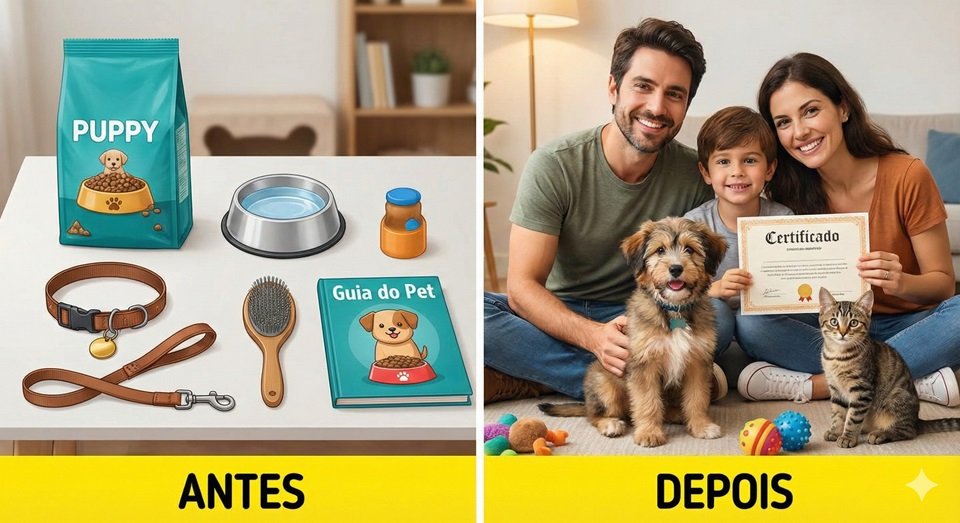 Montagem no estilo "Antes e Depois" ilustrando a adoção de pets. O lado esquerdo ("Antes") mostra suprimentos essenciais e um livro "Guia do Pet". O lado direito ("Depois") mostra uma família feliz com um filhote de cachorro e um gatinho recém-adotados e um certificado de adoção.