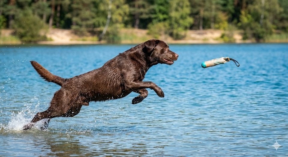 Labrador Retriever cor de chocolate saltando com entusiasmo na água de um lago para buscar um brinquedo.