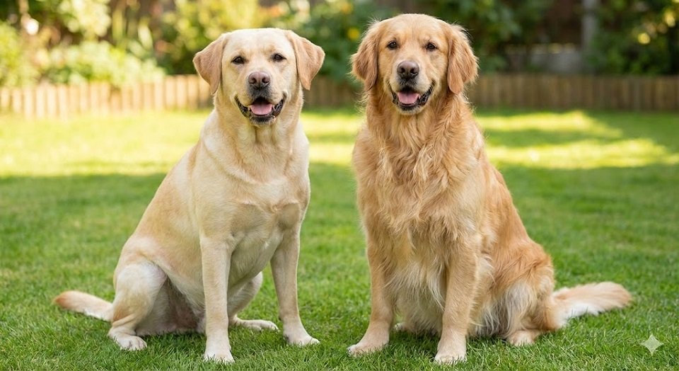 Um cão Labrador amarelo de pelo curto e um Golden Retriever de pelo longo sentados lado a lado na grama, olhando para a câmera.