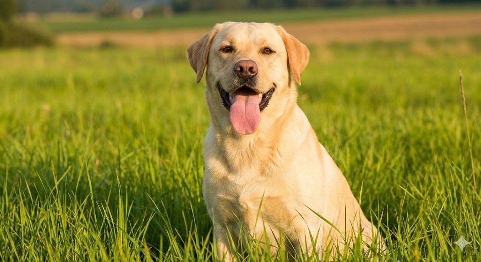 Cão Labrador Retriever amarelo adulto sentado em um campo gramado, olhando para a câmera com uma expressão feliz e a língua para fora.