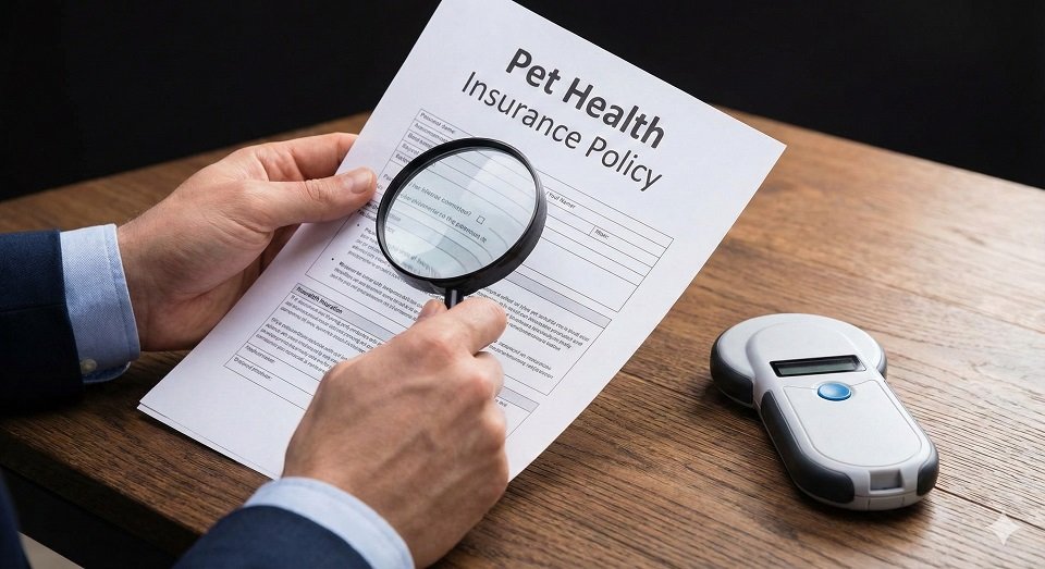 Pessoa lendo atentamente um contrato de plano de saúde pet com um leitor de microchip sobre a mesa, destacando a importância das regras.