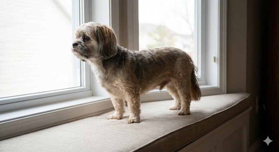 Lhasa Apso olhando atentamente pela janela do apartamento, exercendo sua função de guardião.