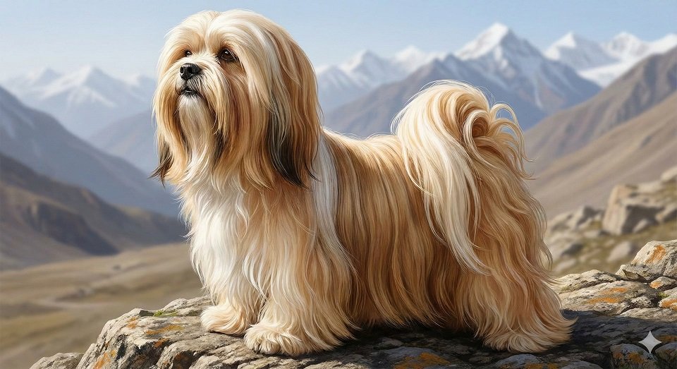 Um Lhasa Apso com pelagem longa dourada e branca, sentado com postura nobre, parecendo um pequeno leão.