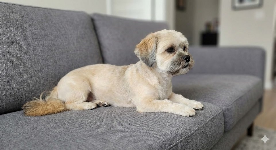 Lhasa Apso com tosa bebê (pelo curto) deitado confortavelmente no sofá, olhando para o lado com indiferença.