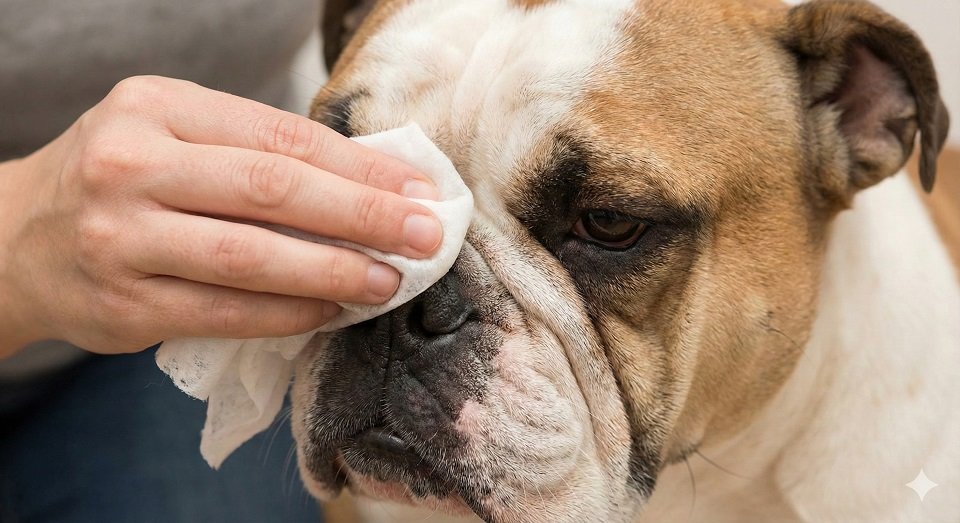 Mão de uma pessoa usando um lenço úmido para limpar cuidadosamente as dobras de pele no rosto de um Bulldog.