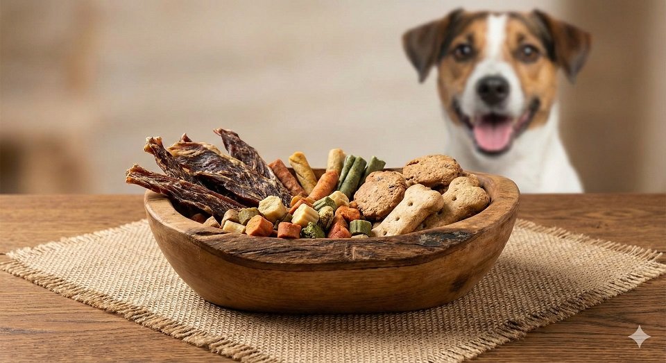 Cachorro Golden Retriever feliz segurando um petisco natural na boca, ilustrando a análise dos melhores petiscos naturais para cães